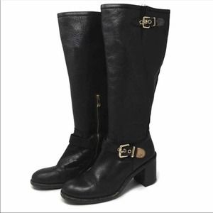 Vince Camuto Kepner Knee High Boots Women's 7.5B Black Pebbled Leather Gold Moto
